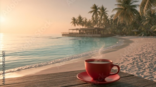  Sunrise beach with turquoise water, palm trees, and an elegant outdoor cocktail bar beside a steaming red coffee cup.