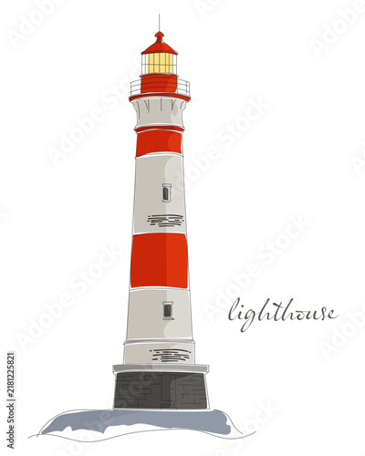 Hand Drawn Coastal Lighthouse, Minimalist Flat Illustration, Lighthouse Design, Sketch, Nautical Ocean Shoreline Graphic, Vintage, Simple, Line Art Style, Isolated, Vector