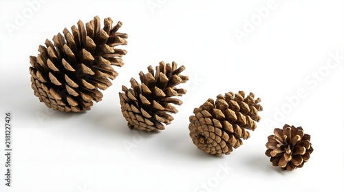 Four different sizes of pine cones arranged in a row isolated on white background