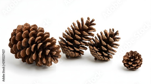 Four different sizes of pine cones arranged in a row isolated on white background