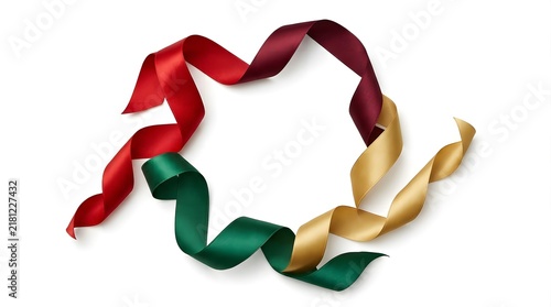 Red, green, and gold satin ribbons curled in a circular frame isolated on white background