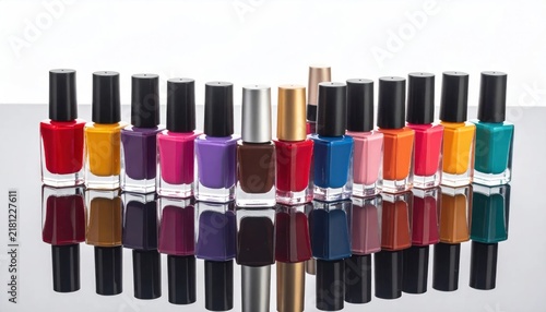 Colorful Nail Polish Bottles Arranged in a Row on White Surface.