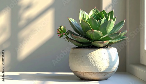 Succulent plant in a pot on a windowsill bathed in sunlight.