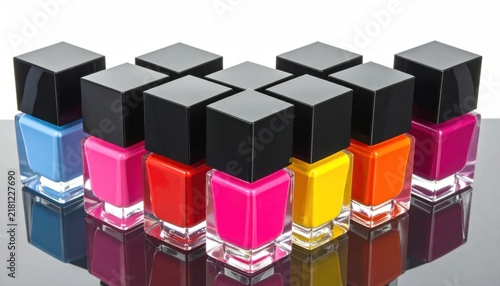 Colorful Nail Polish Bottles with Black Caps on Reflective Surface.