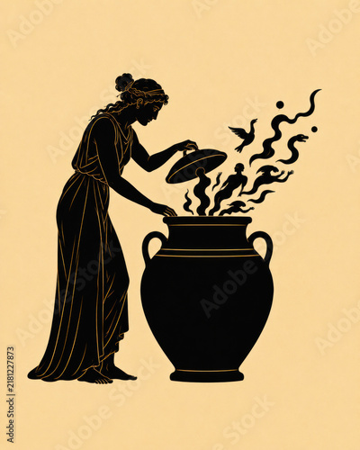 Greek Mythology in Silhouette — Pandora Opening the Forbidden Jar and Releasing the Troubles of the World
