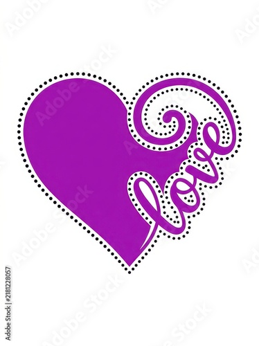 Purple Heart Graphic with Love Text and Dotted Outline for Valentine's Day Greeting Cards and T-shirt Design