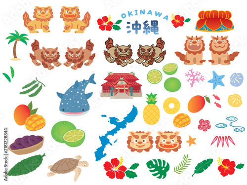 沖縄のイラスト(シーサー、ハイビスカス、ジンベイザメ、琉球、珊瑚、椰子の木、民族衣装、文化、海)