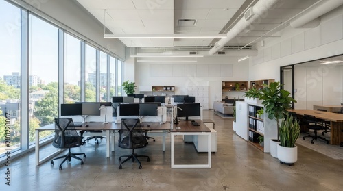 Modern Office and Kitchen Interior with Contemporary Furniture, Meeting Table, Desk, Chairs, Large Windows, and Stylish Workplace Design