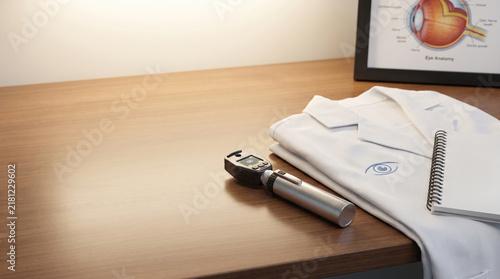 Close Up of Ophthalmoscope on Doctor Wooden Desk