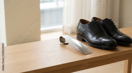 Metal Shoe Horn and Black Dress Shoes on Wooden Bench