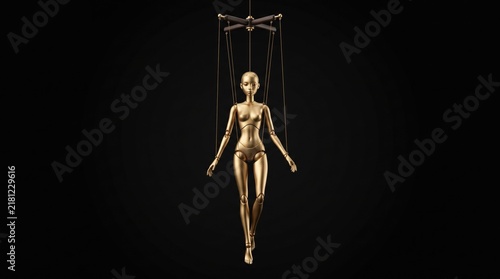Golden Female Marionette Hand Puppet on Black Background
