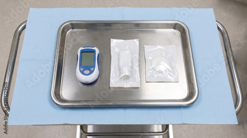 Digital Spirometer with Sealed Filter and Mouthpiece on Stainless Steel Tray