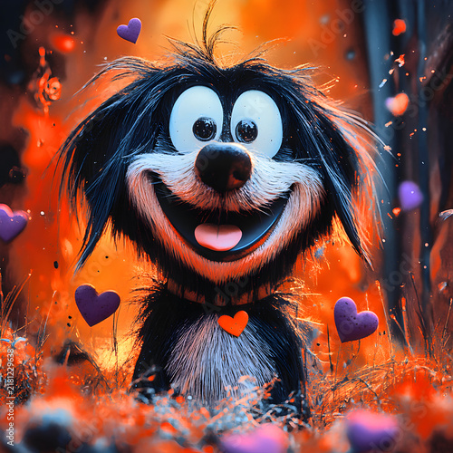 Cute Cartoon Dog with Hearts and Romantic Background