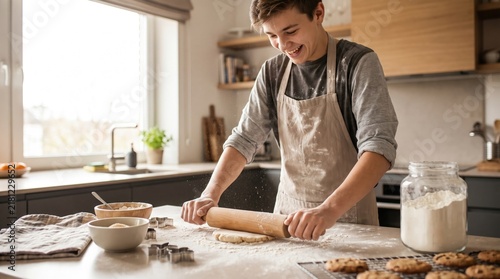 Smiling Teenage Boy Rolling Dough for Cut-Out Cookies in Modern Kitchen