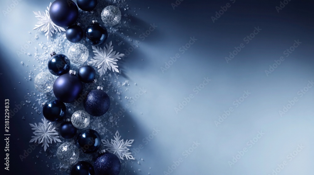 Naklejka premium Elegant dark blue christmas ornaments and silver snowflakes on a soft gradient background