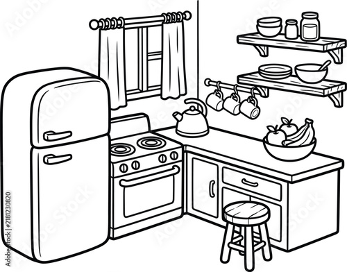 A delightful kitchen coloring page featuring a refrigerator stove sink and cabinets for creative expression and relaxation