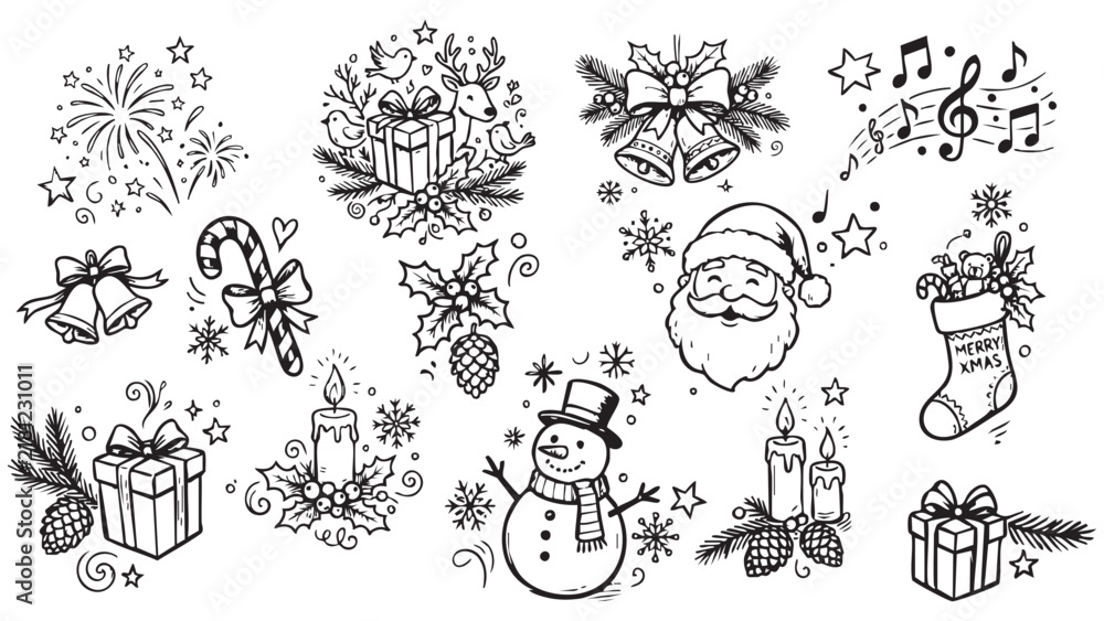 Fototapeta premium Collection of hand drawn christmas holiday elements in a black and white silhouette