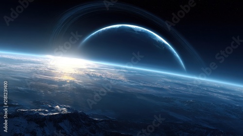 Breathtaking view of our planet from space at dawn showcasing a vibrant atmosphere and mesmerizing celestial bodies