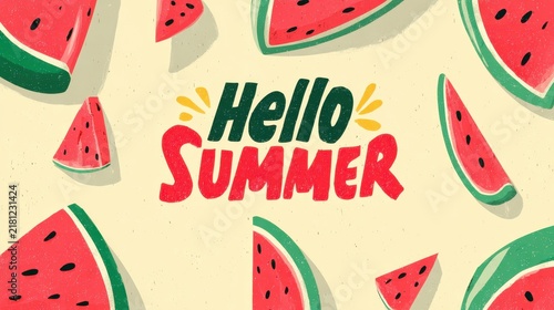 Colorful watermelon slices accompanied by cheerful 'hello summer' text perfect for seasonal enjoyment and refreshment