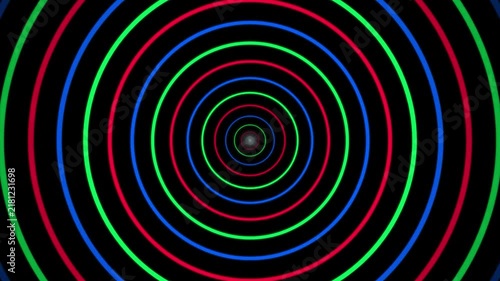 Colorful concentric circles tunnel abstract motion background with glowing RGB neon rings