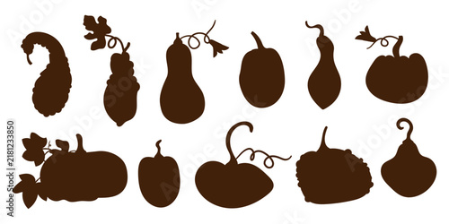 Set of Black pumpkin silhouettes isolated on white background. Concept of minimalist Halloween decoration , seasonal graphic design, farming, harvest. Icon, logo, sign, pictogram. Design elements