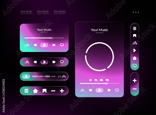 Holographic glassmorphism music player UI kit with iridescent gradients, translucent controls, audio waveform, playback buttons, and futuristic layouts for streaming apps and dashboards.
