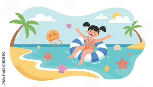 Happy young girl enjoying summer vacation while swimming with blue and white float ring in tropical ocean water near sandy beach.