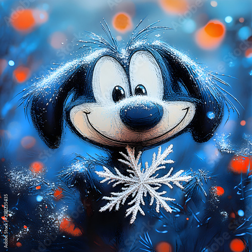 Cute Blue Cartoon Dog in Winter with Snowflake