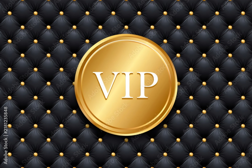 Naklejka premium Gold VIP symbol on black luxury tufted leather background