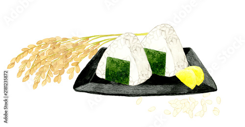 稲穂と白米のお握りのセット　手描き水彩イラスト素材