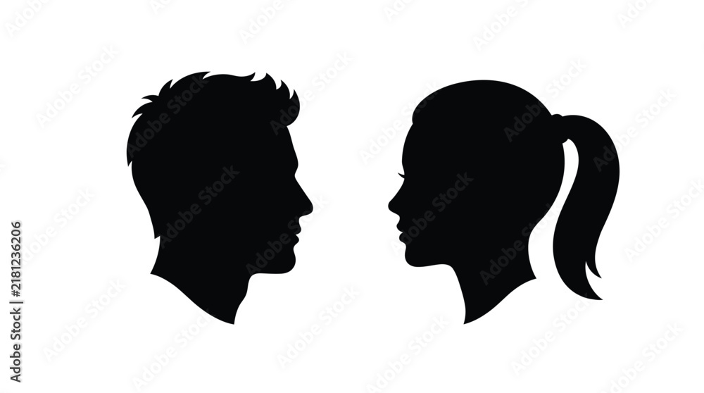 Fototapeta premium Elegant black silhouette vector illustration featuring head profiles of a young man and a woman together