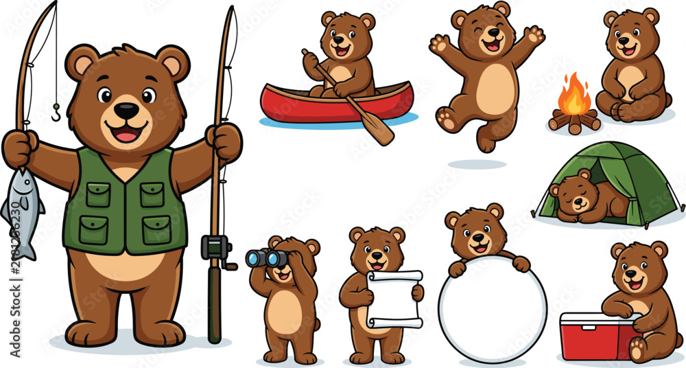 Obraz premium Cute Cartoon Bear Character Camping and Fishing Vector Icon Set Featuring Outdoor Adventure Activities Campfire Tent Canoe and Forest Wildlife Graphics