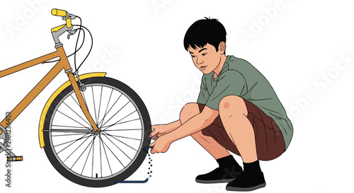 Boy pumping up bicycle tire