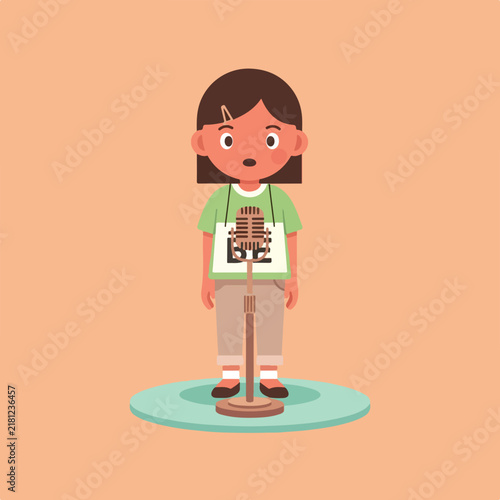 A young person stands before a microphone on a stage