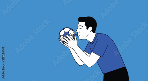 Person inflating a soccer ball with closed eyes