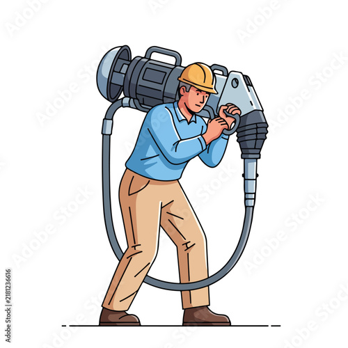 A worker in a hard hat operates a large, industrial vacuum device