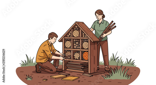 Two people building a wooden insect hotel in a garden