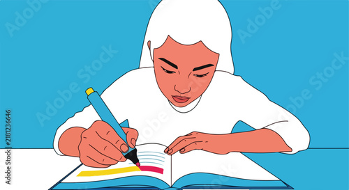 A person highlights text in a book