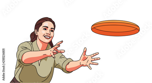 Woman reaching to catch an orange frisbee, smiling