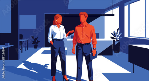 Two people in an office, one talking