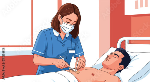 Nurse performs procedure on patient in hospital bed