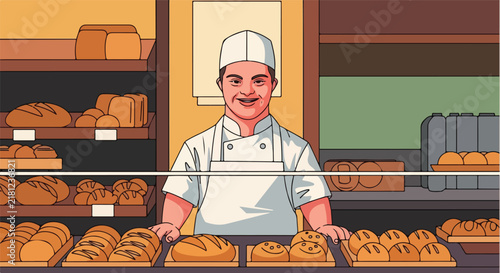 Smiling baker in uniform at a bakery with shelves of bread