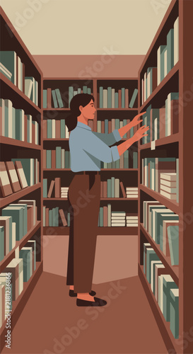 A person browses bookshelves in a library