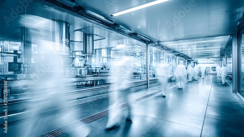 manufacturing factory producing scientific imaging equipment, technicians in clean suits, precision engineering workspace