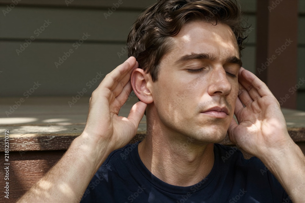 Fototapeta premium Captures Young Adult Male With Short Brown Hair Closed Eyes Head Tilted Slightly Downward In To Act Of Relaxation Meditation Skin