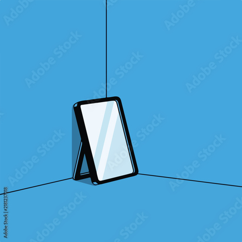 A mirror leans against a blue wall in a room