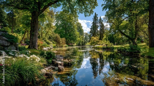 Tranquil panoramic park scenery with lush greenery and peaceful nature
