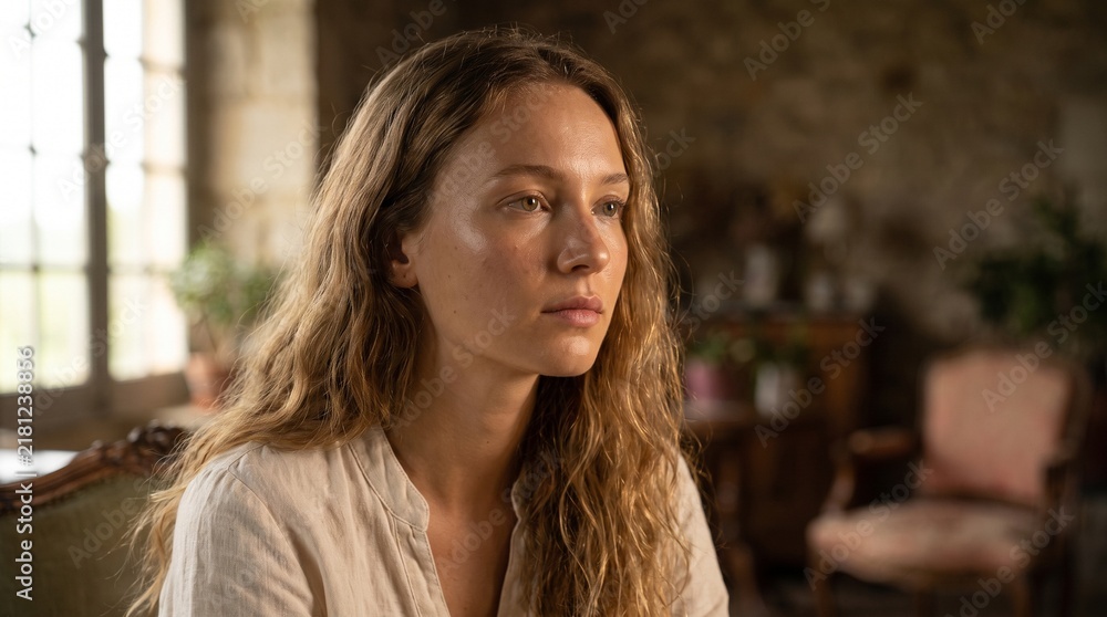Obraz premium Portrait of a beautiful natural young woman in a rustic room