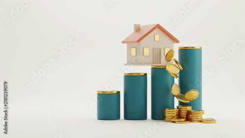 Illustration showing money savings jars with coins and small house on top representing financial investment and home ownership