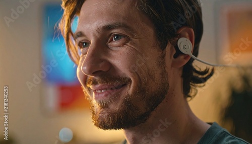 Obraz na płótnie Game Changer Brain Computer Interface Device Worn by Smiling Man for Neural Technology